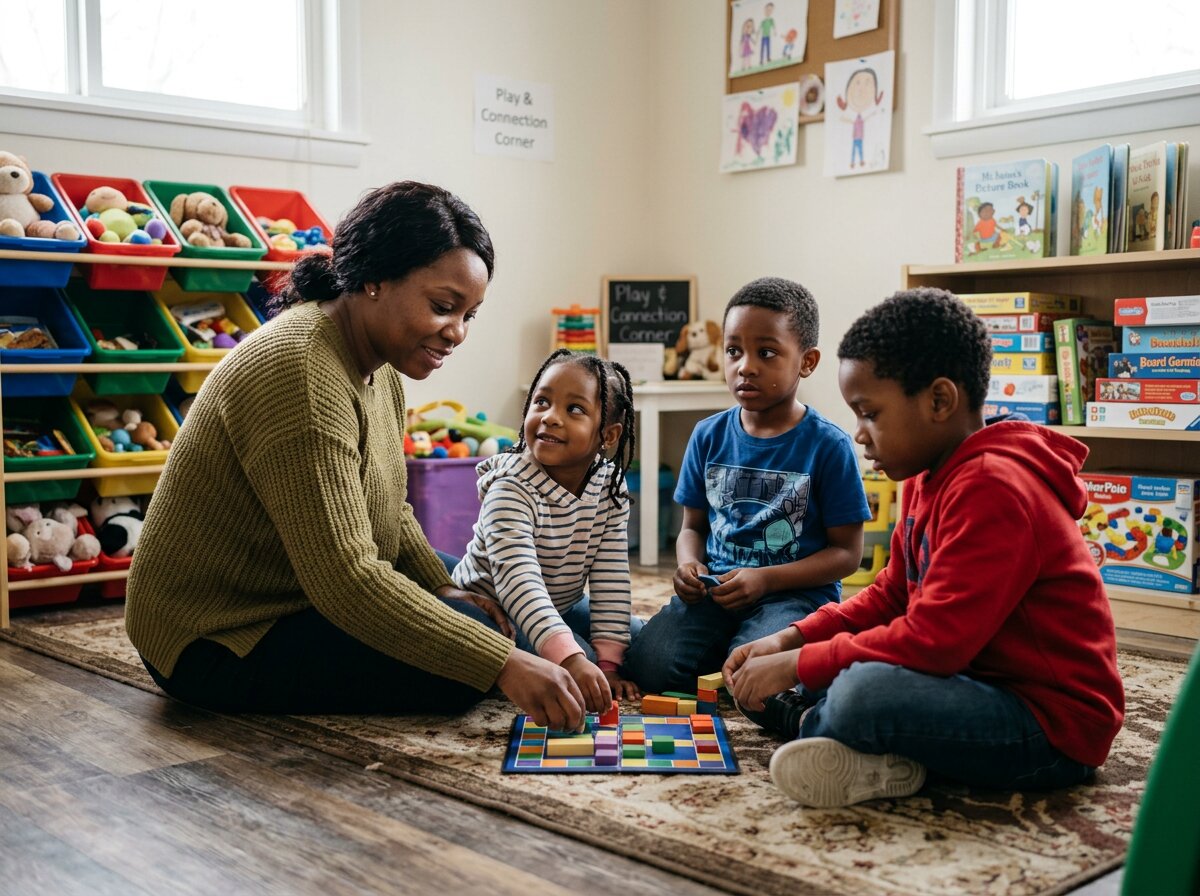 A caregiver playing a board game with children in a classroom