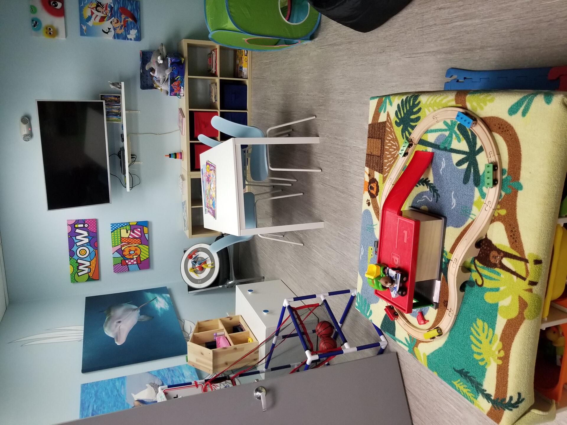 Winter Room — dolphin-themed visitation room with train set, TV, and games for ages 4–9