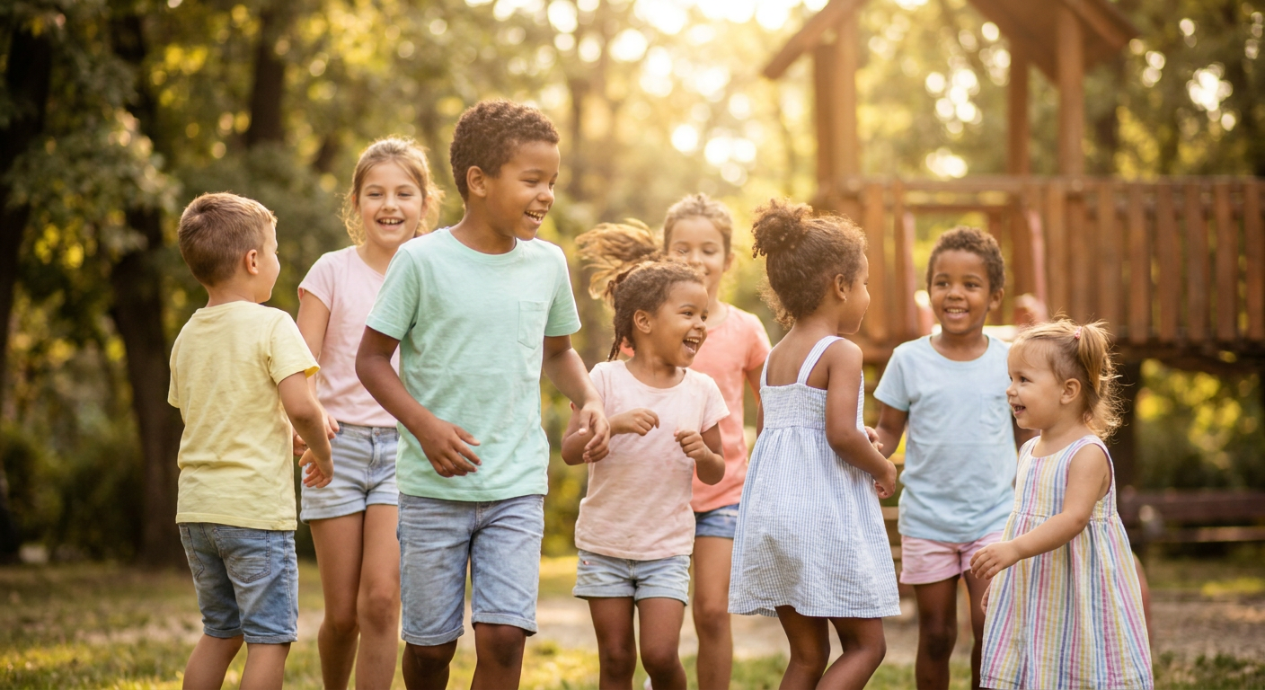 A diverse group of children laughing and playing together outdoors