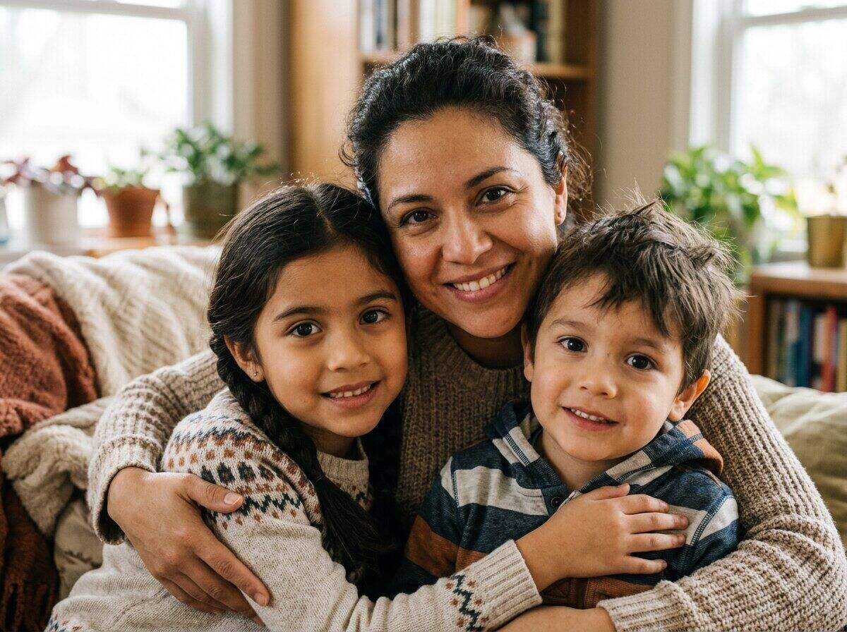 A mother embracing her two children at home