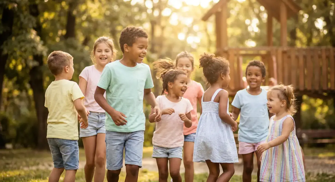 A diverse group of children laughing and playing together outdoors